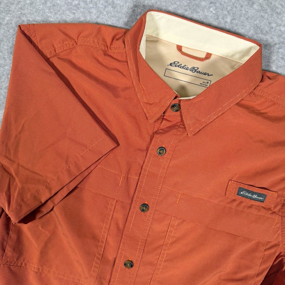 Eddie Bauer Mens M Orange Microcheck Short Sleeve Button Up Shirt EM12SW230